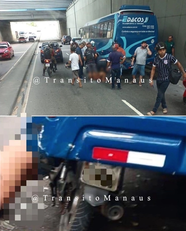 Motocicleta vai parar debaixo de micro-ônibus em acidente em Manaus