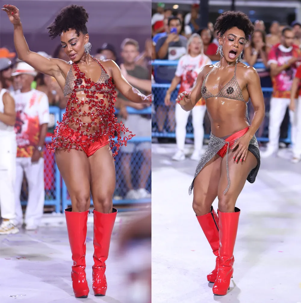 Vestido de Dandara Mariana arrebenta durante ensaio técnico do Salgueiro, mas atriz não perde samba no pé