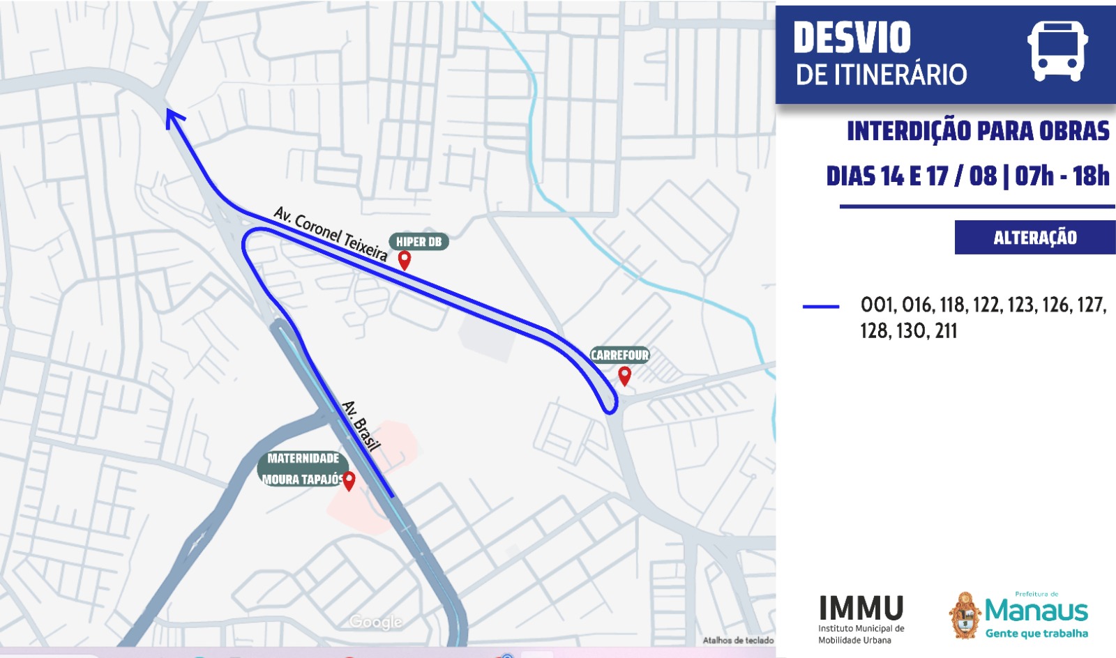 Prefeitura de Manaus orienta sobre desvios do transporte coletivo durante interdições para obras do Complexo Viário Passarão