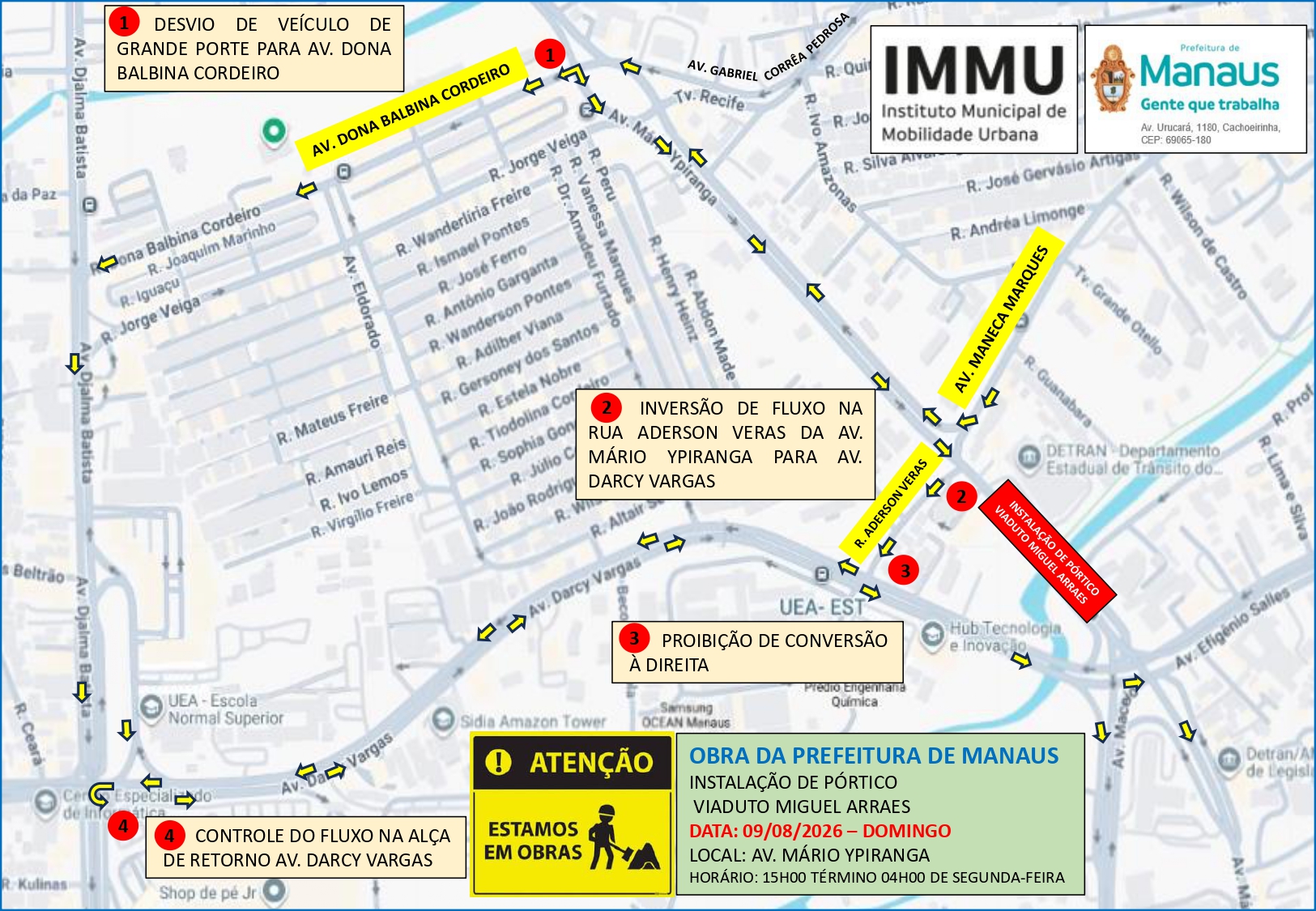 Prefeitura de Manaus informa interdição temporária para instalação de novo pórtico de sinalização